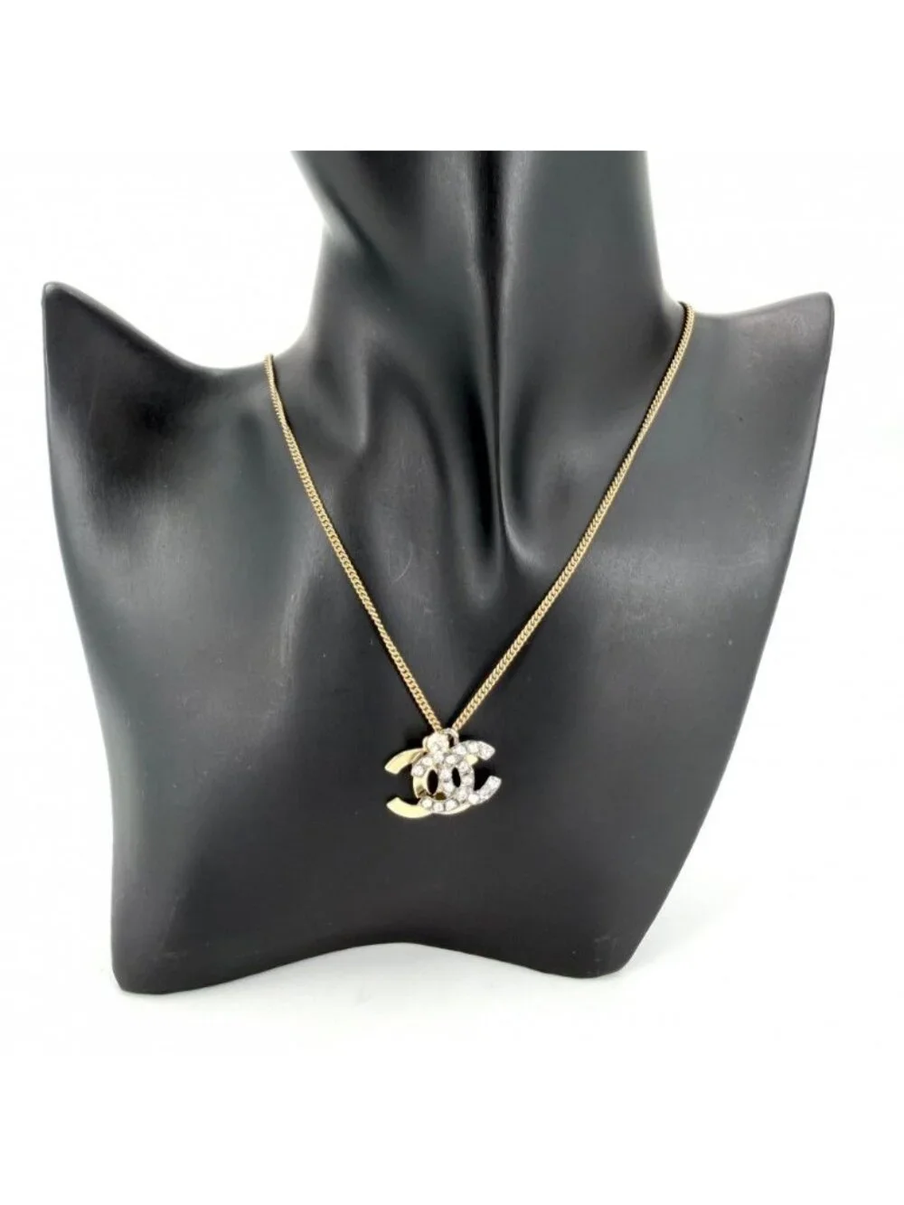 Chanel Necklace CC Logo Rhinestone Gold Silver